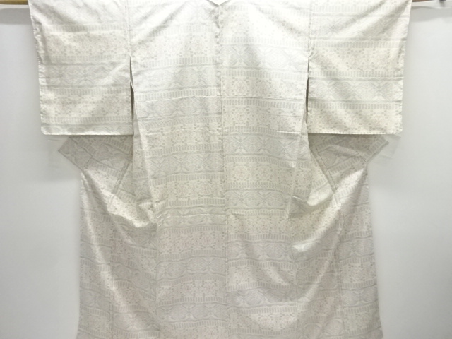 JAPANESE KIMONO / ANTIQUE KIMONO / SILK / TSUMUGI / WOVEN STRIPE & RHOMBUS & FLORAL CREST